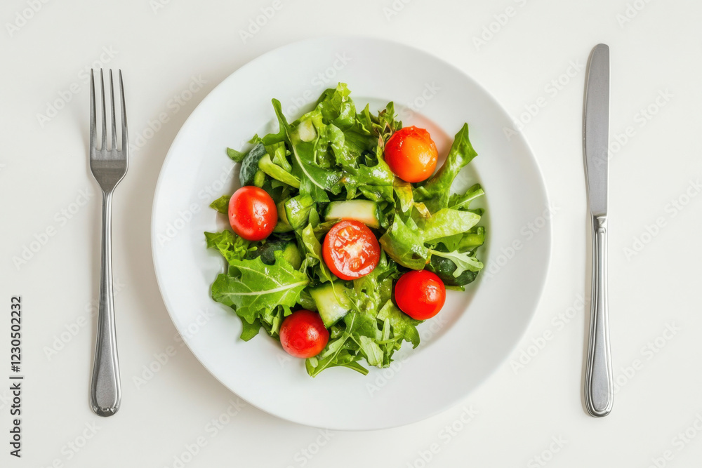 Delicious summer salad of tomatoes, cucumbers and various herbs on a white plate, fork and knife lying nearby, on a white background, healthy food concept, weight loss food, top view Delicious summer salad of tomatoes, cucumbers and various herbs on a white plate, fork and knife lying nearby, on a white background, healthy food concept, weight loss food, top view
