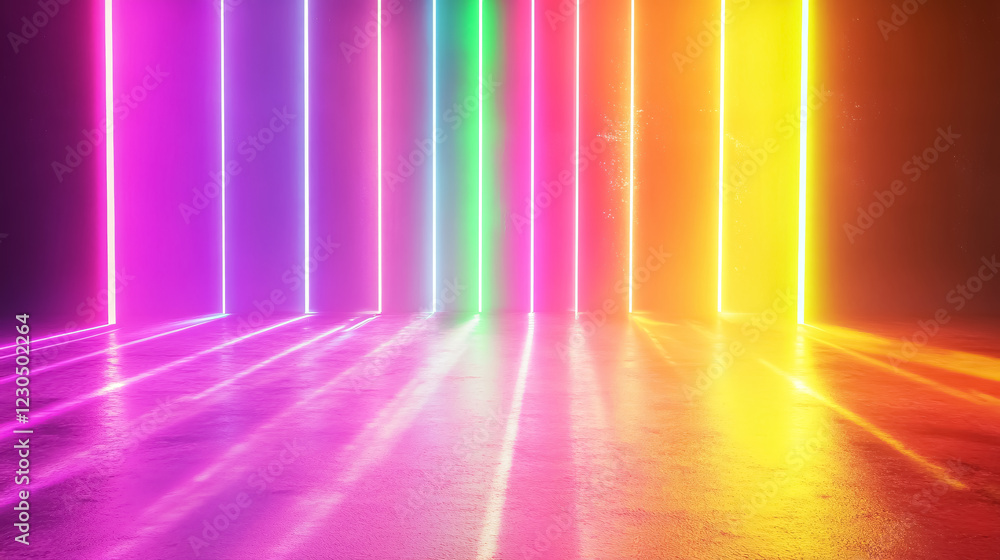 Neon light background showcasing a rainbow of colors for a festive disco atmosphere, with colorful pink, yellow, and green glowing rays on a neutral wall. Neon light background showcasing a rainbow of colors for a festive disco atmosphere, with colorful pink, yellow, and green glowing rays on a neutral wall.