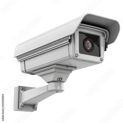 White surveillance camera installed on a wall for monitoring, isolated on a transparent background. PNG