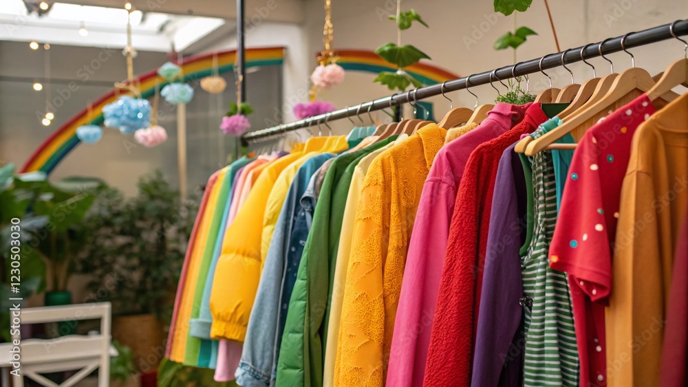 Fototapeta premium Vibrant Sustainable Clothing on Rack: Eco-Friendly Thrift Store Fashion