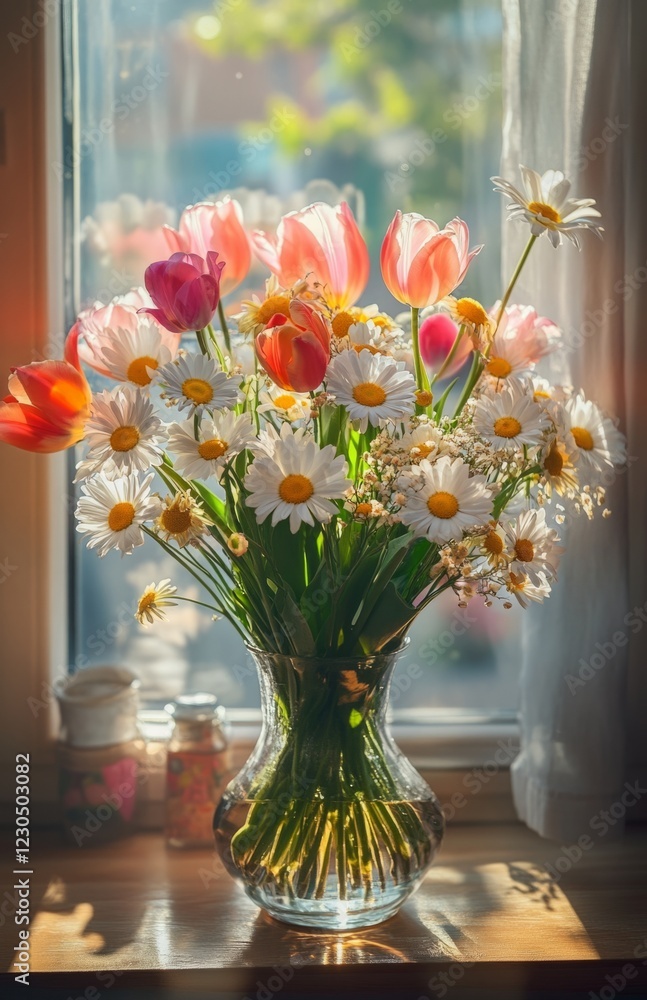 Colorful tulips and daisies in a vase on table Colorful tulips and daisies in a vase on table
