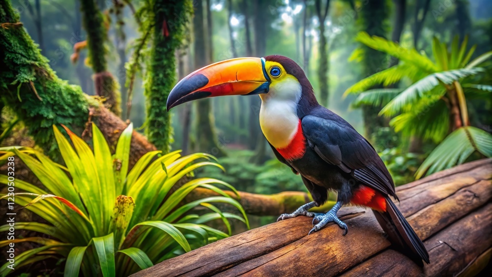 Obraz premium Vibrant Toucan on Brazilian Log - Panoramic Bird Park Scene
