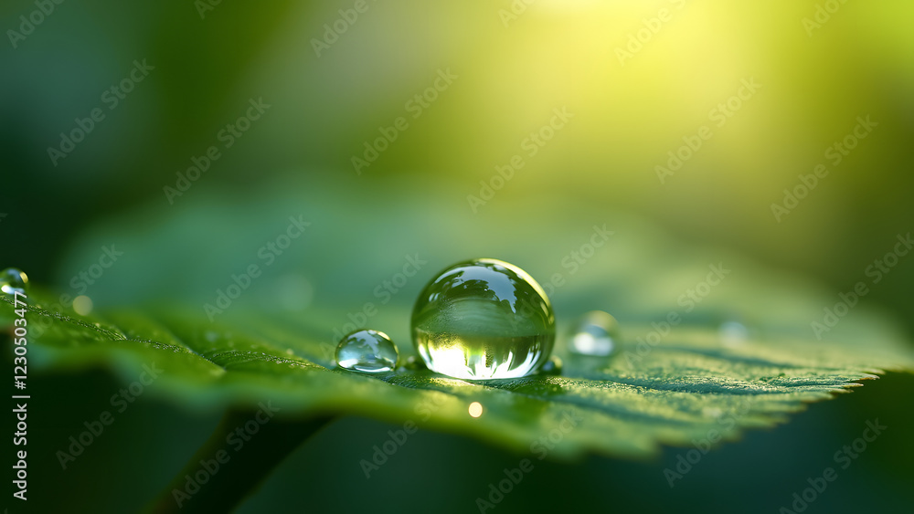 A close-up of water droplets resting on a green leaf, with a soft blurred background and warm light creating a serene and refreshing atmosphere A close-up of water droplets resting on a green leaf, with a soft blurred background and warm light creating a serene and refreshing atmosphere