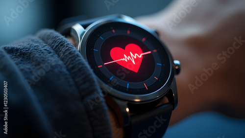 A close-up of a smartwatch displaying a red heart rate icon on a dark screen, showcasing health monitoring technology and digital wellness in modern life