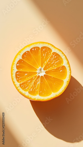 A vibrant orange slice displays its juicy segments against a soft peach background, emphasizing its freshness and colorfulness