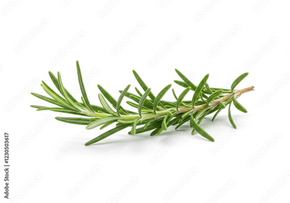 Fototapeta premium A fresh sprig of green rosemary with narrow leaves and a woody stem isolated on a white background