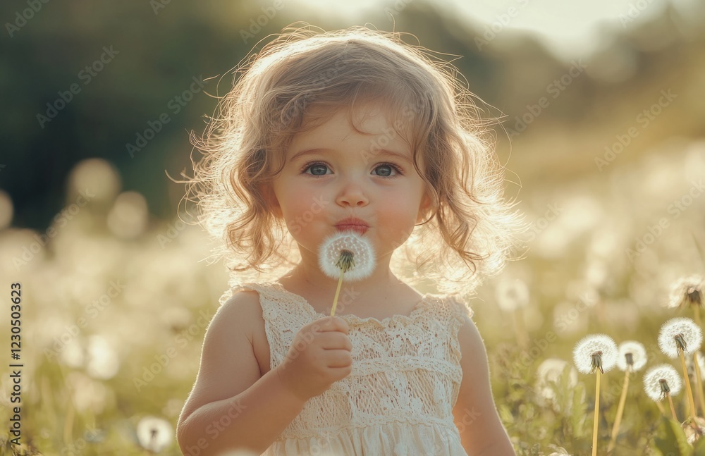 Little girl blowing dandelion in sunny green meadow outdoors