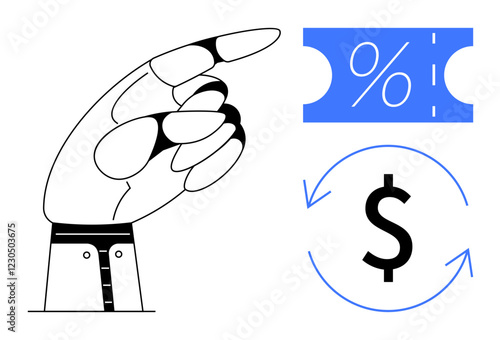 Hand pointing at discount coupon with percentage symbol and circular arrow surrounding dollar sign. Ideal for promotions, discounts, finance, ecommerce, saving strategies, investment, sales. Abstract
