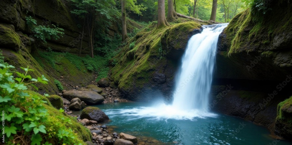 Fototapeta premium Waterfall cascade in a rocky cliffside with moss and lichen, #rockycliffside, #forestbeauty