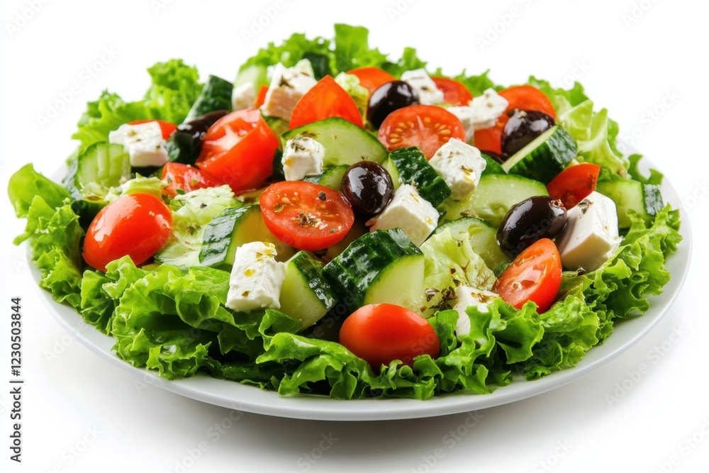 Greek salad on white plate highlighted on white background, summer breakfast, on white background, healthy eating concept Greek salad on white plate highlighted on white background, summer breakfast, on white background, healthy eating concept