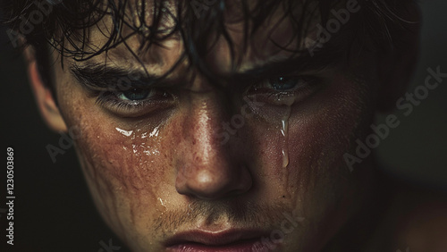 Young man crying with tears