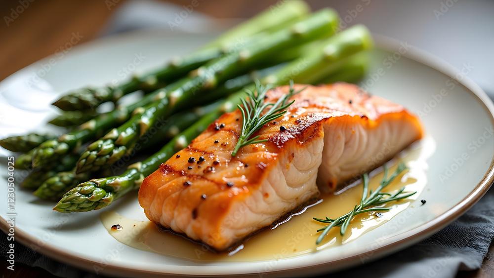 A beautifully arranged plate features a succulent grilled salmon fillet accompanied by fresh asparagus spears garnished with rosemary and drizzled with olive oil A beautifully arranged plate features a succulent grilled salmon fillet accompanied by fresh asparagus spears garnished with rosemary and drizzled with olive oil