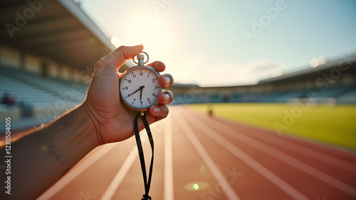 A hand holds a stopwatch against a sunny outdoor stadium, showcasing a vibrant athletic track and empty bleachers in the background