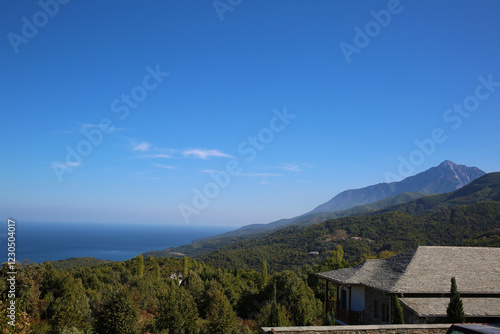 Mount Athos - mountain on the Athos peninsula in northeastern Greece. View from Karyes photo