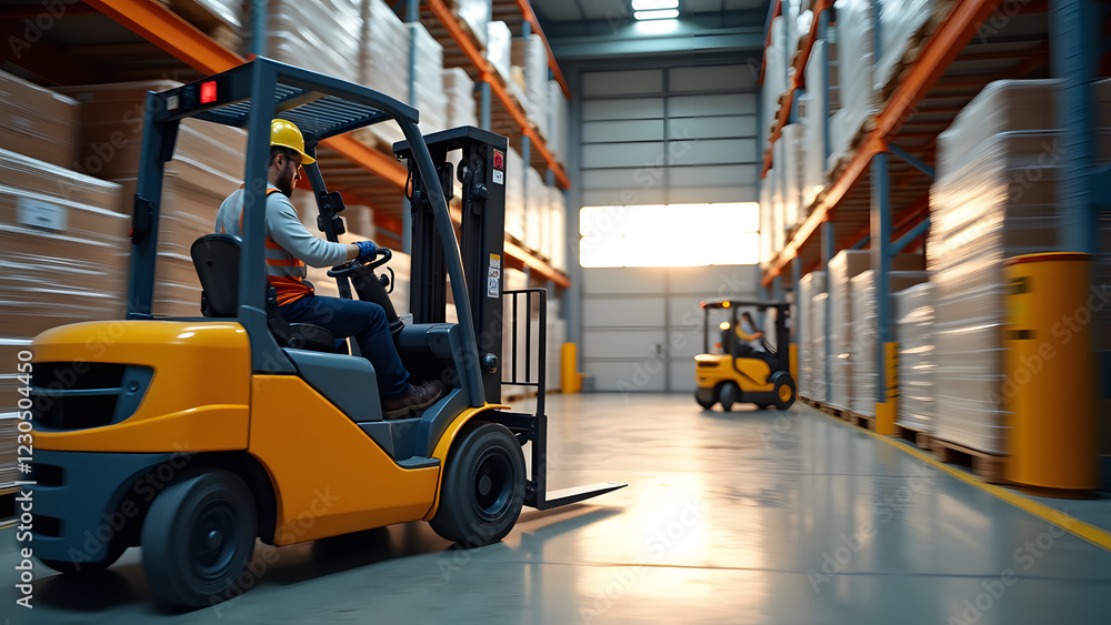 A warehouse worker wearing a yellow hard hat operates a forklift, moving pallets in a spacious storage facility illuminated by sunlight streaming through windows A warehouse worker wearing a yellow hard hat operates a forklift, moving pallets in a spacious storage facility illuminated by sunlight streaming through windows
