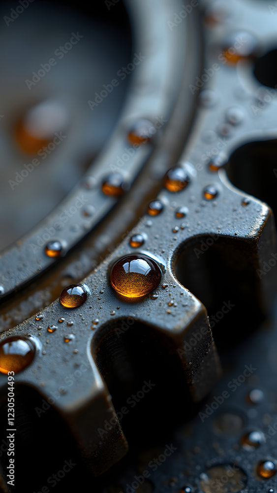 Close-up of a metallic gear with water droplets resting on its surface, showcasing the texture and intricate details of the gear in rich, warm tones Close-up of a metallic gear with water droplets resting on its surface, showcasing the texture and intricate details of the gear in rich, warm tones