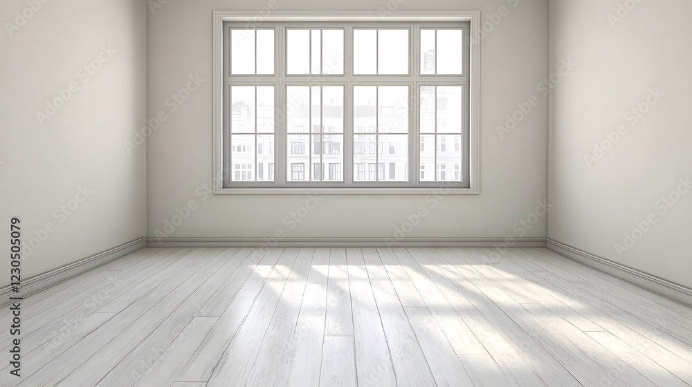 Empty Room with Large Window and White Wood Floor, Modern Interior Design