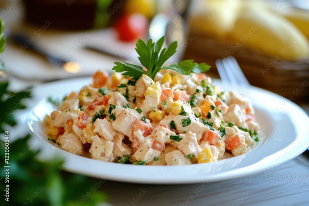 Appetizing summer salad with meat and various vegetables, a delicious summer dish in a white plate on a wooden table Appetizing summer salad with meat and various vegetables, a delicious summer dish in a white plate on a wooden table