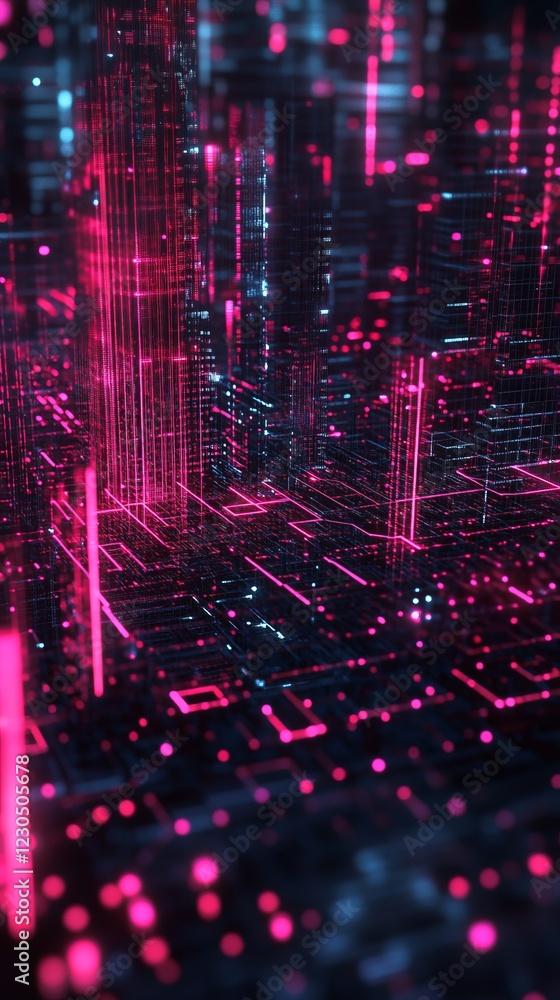 Fototapeta premium A vibrant digital cityscape featuring neon lights and abstract grid patterns, evoking a futuristic virtual reality environment.