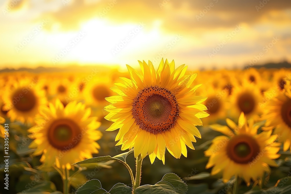Obraz premium A vibrant field of sunflowers swaying under a golden sunset, with golden hues reflecting off each petal and a soft breeze causing gentle waves in the sea of yellow
