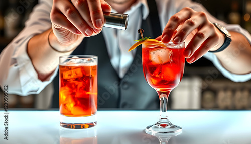 Wallpaper Mural man bartender hand making negroni cocktail. Negroni classic cocktail and gin short drink with sweet vermouth, red bitter liqueur , with white tonespng Torontodigital.ca