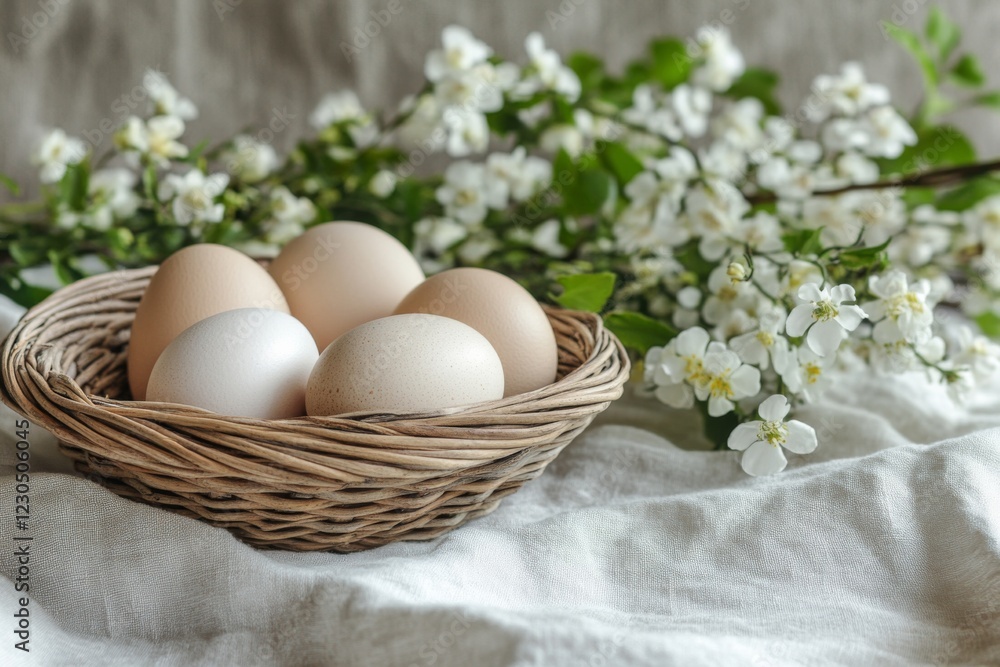 Eggs in a Woven Basket with Blossoms Eggs in a Woven Basket with Blossoms