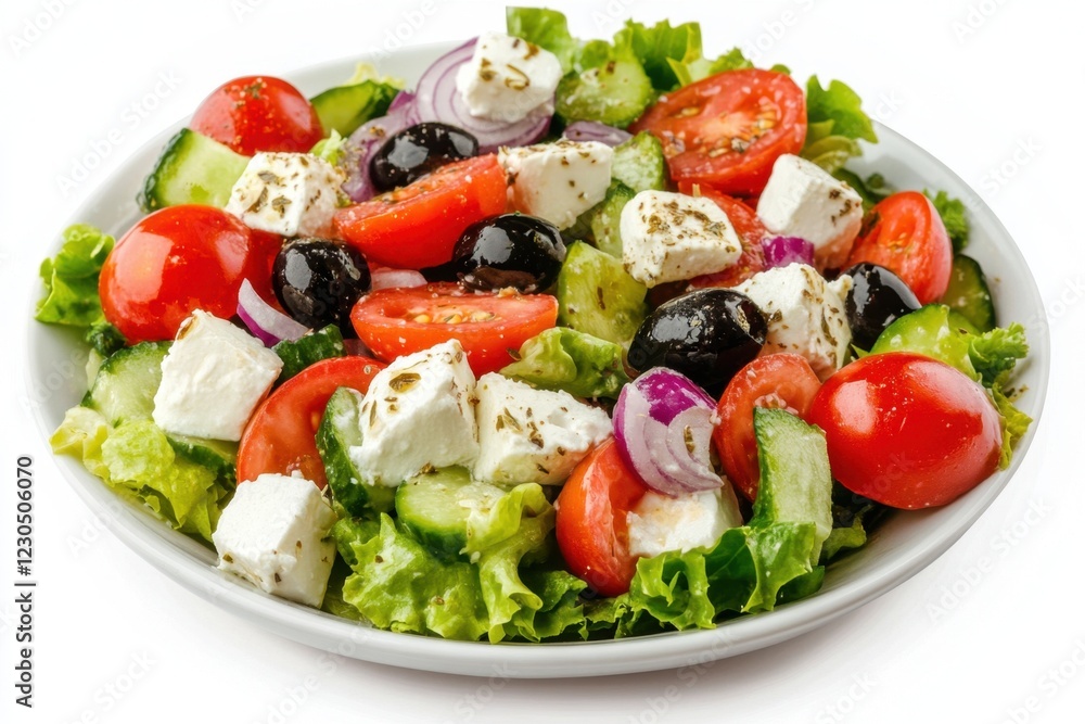 Greek salad on white plate highlighted on white background, summer breakfast, on white background, healthy eating concept Greek salad on white plate highlighted on white background, summer breakfast, on white background, healthy eating concept