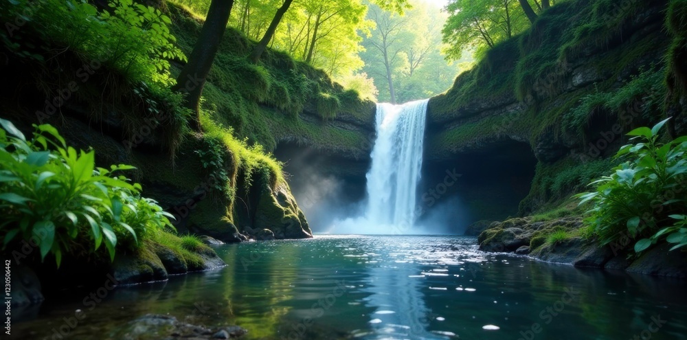 Waterfall cascades through a dense foliage tunnel, depth, foliage, fall