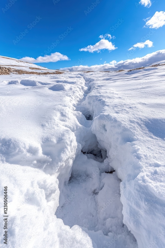 A snowy landscape features a deep crevice cutting through the white snow, set against a bright blue sky with fluffy clouds, This image can be used for winter themes, nature A snowy landscape features a deep crevice cutting through the white snow, set against a bright blue sky with fluffy clouds, This image can be used for winter themes, nature