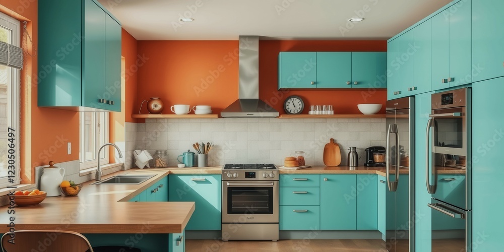 A kitchen with blue cabinets and a yellow wall. The kitchen has a stove, oven, sink, and refrigerator A kitchen with blue cabinets and a yellow wall. The kitchen has a stove, oven, sink, and refrigerator