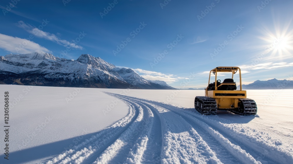 A snowcat vehicle navigates a pristine winter landscape, leaving tire tracks on untouched snow against a backdrop of towering mountains and a bright blue sky, Ideal for winter tourism A snowcat vehicle navigates a pristine winter landscape, leaving tire tracks on untouched snow against a backdrop of towering mountains and a bright blue sky, Ideal for winter tourism