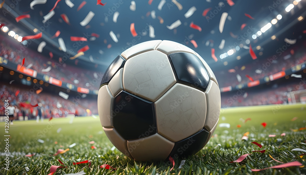 Fototapeta premium Soccer ball, Close up of a soccer ball in the football stadium with falling confetti. Goal Winning celebration , with white tonespng