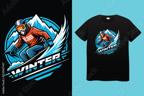 Ski winter sport vintage typography t shirt design with glasses and skier silhouette.