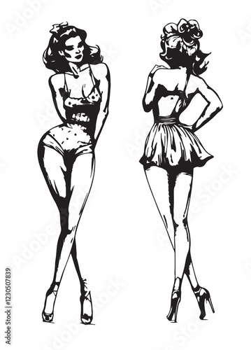Set of sketch vintage pin up girls rubber stamps