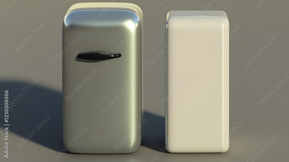 Retro Mini Refrigerators, Silver and Beige Appliances, 3D Render Retro Mini Refrigerators, Silver and Beige Appliances, 3D Render