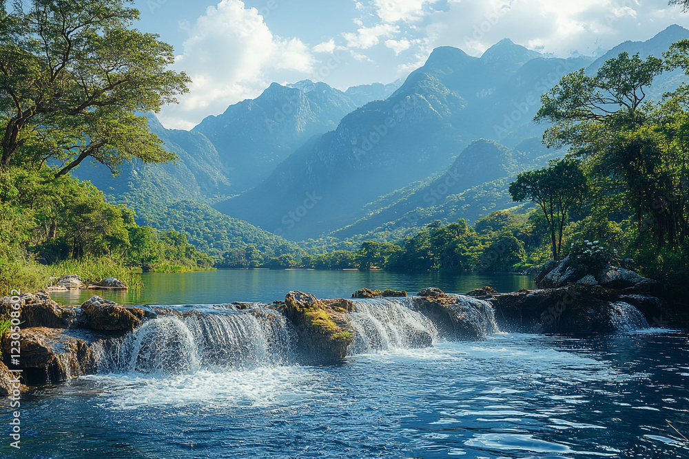 Fototapeta premium Serene Waterfall Cascades into Pristine Mountain Lake