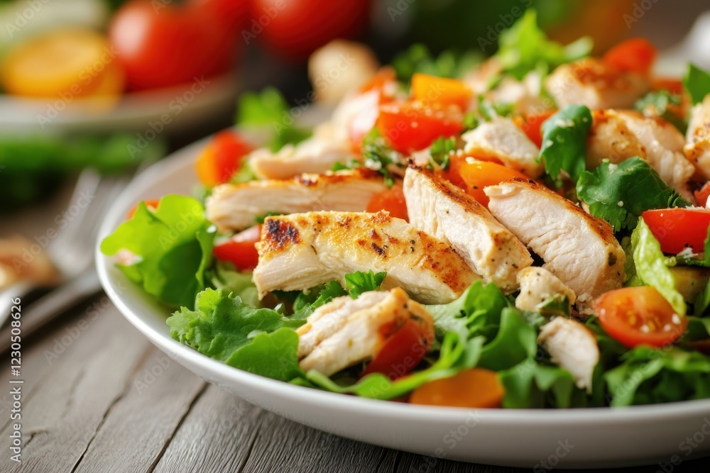 Appetizing summer salad with meat, tomatoes, basil and lettuce, healthy summer breakfast in a white plate on a wooden table, healthy food concept, weight loss dishes Appetizing summer salad with meat, tomatoes, basil and lettuce, healthy summer breakfast in a white plate on a wooden table, healthy food concept, weight loss dishes