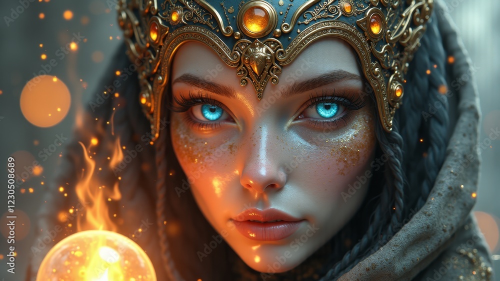 a woman with blue eyes wearing a crown and holding a crystal ball in her hand The background is blurred, giving the image an animated feel a woman with blue eyes wearing a crown and holding a crystal ball in her hand The background is blurred, giving the image an animated feel