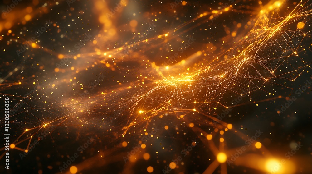 Obraz premium Abstract network of golden lines and dots on a dark background