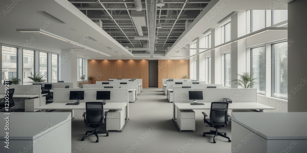 A large open office space with a TV mounted on the wall. The room is filled with potted plants and has a modern, professional feel A large open office space with a TV mounted on the wall. The room is filled with potted plants and has a modern, professional feel