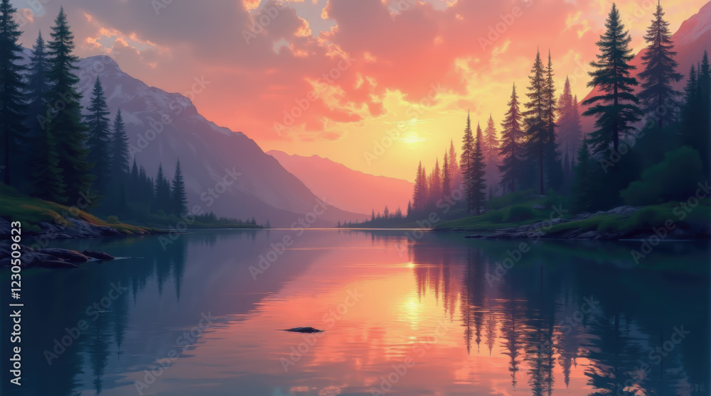 A serene lake reflects the vibrant colors of a sunrise as sunlight peeks over the mountain peaks. Tall evergreen trees line the shore, creating a peaceful and picturesque environment at dawn A serene lake reflects the vibrant colors of a sunrise as sunlight peeks over the mountain peaks. Tall evergreen trees line the shore, creating a peaceful and picturesque environment at dawn