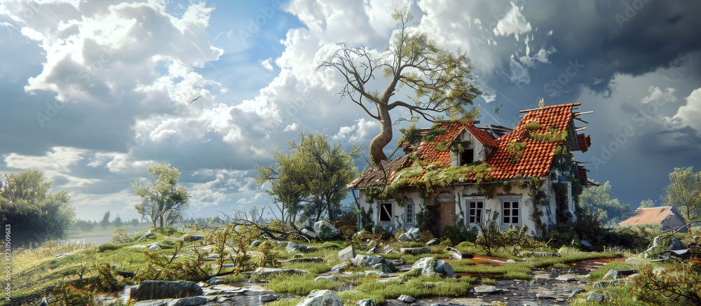 Fototapeta premium A weathered house with a damaged roof stands amid a grassy field under a cloudy sky. Concept of abandonment and nature reclaiming land. For architectural restoration inspiration.