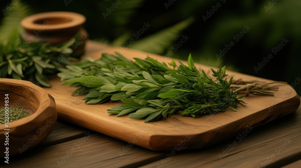 A wooden cutting board displays an assortment of fresh herbs, ideal for culinary-themed projects, highlighting natural ingredients for cooking or wellness A wooden cutting board displays an assortment of fresh herbs, ideal for culinary-themed projects, highlighting natural ingredients for cooking or wellness