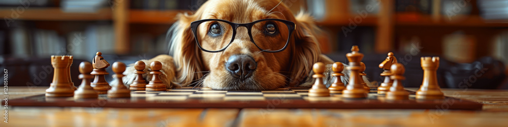 A dog wearing glasses lies in front of a chessboard with pieces arranged for play. Concept of intelligence and strategy. For creative pet and game themes.