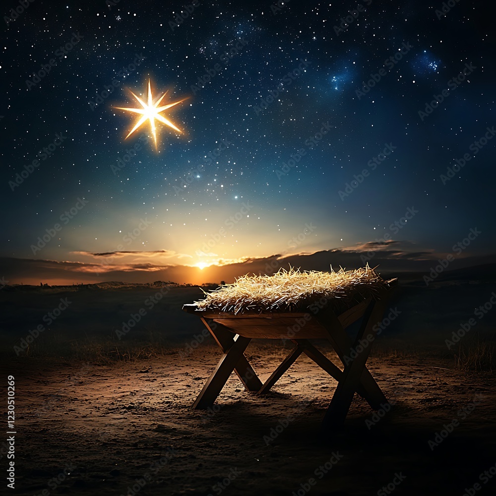 Fototapeta premium Glowing Star Above Wooden Manger in Peaceful Desert Landscape at Sunrise