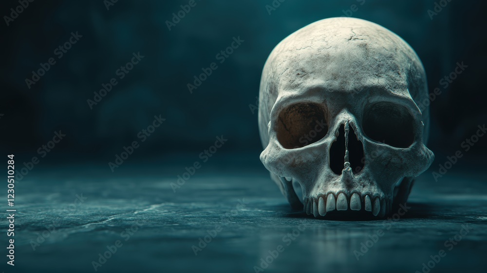 A detailed skull sits on a textured surface, illuminated by soft lighting, setting a mysterious atmosphere, This image can be used for educational content, Halloween themes, or medical illustrations, A detailed skull sits on a textured surface, illuminated by soft lighting, setting a mysterious atmosphere, This image can be used for educational content, Halloween themes, or medical illustrations,