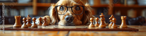 Obraz na płótnie A dog wearing glasses lies in front of a chessboard with pieces arranged for play. Concept of intelligence and strategy. For creative pet and game themes. w salonie