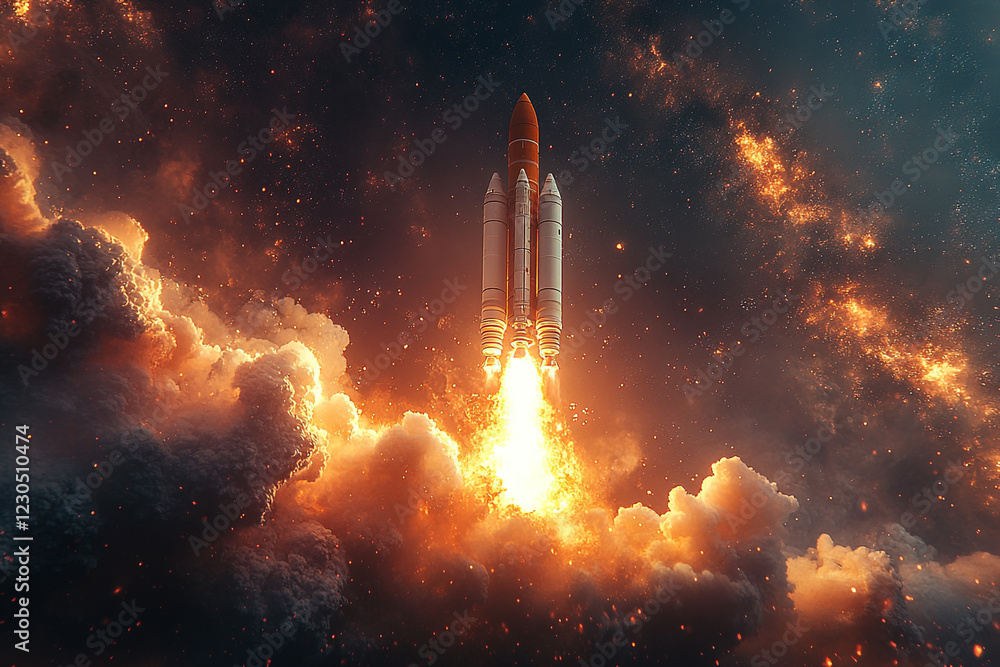 Fototapeta premium Spacecraft Ascending Through Fiery Clouds Into Space