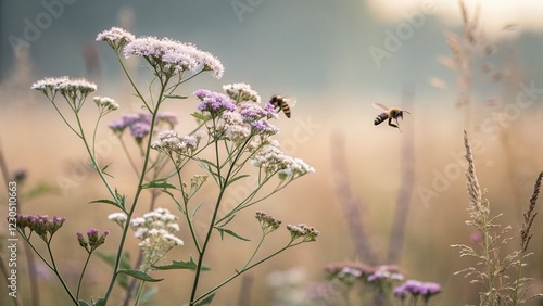 Vintage Floral Background with Bees: Minimalist Photography Stock Photo