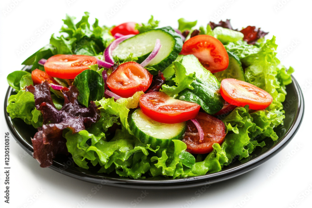 Appetizing summer salad with tomatoes, lettuce, red cabbage, onions and cucumbers, healthy summer breakfast in a black plate, on a white background, healthy food concept Appetizing summer salad with tomatoes, lettuce, red cabbage, onions and cucumbers, healthy summer breakfast in a black plate, on a white background, healthy food concept